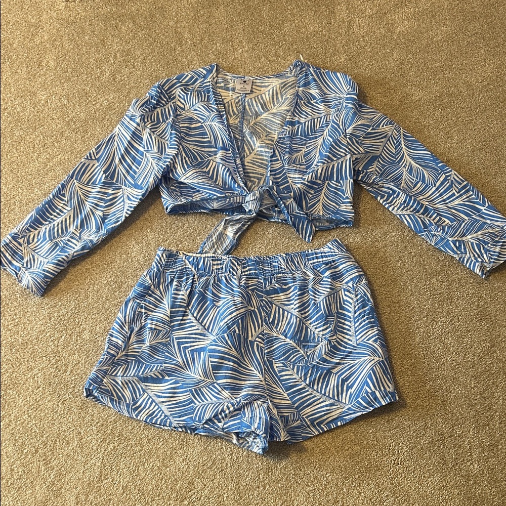 Blue and White Leaf Print Swimsuit Coverup Two-Piece Set